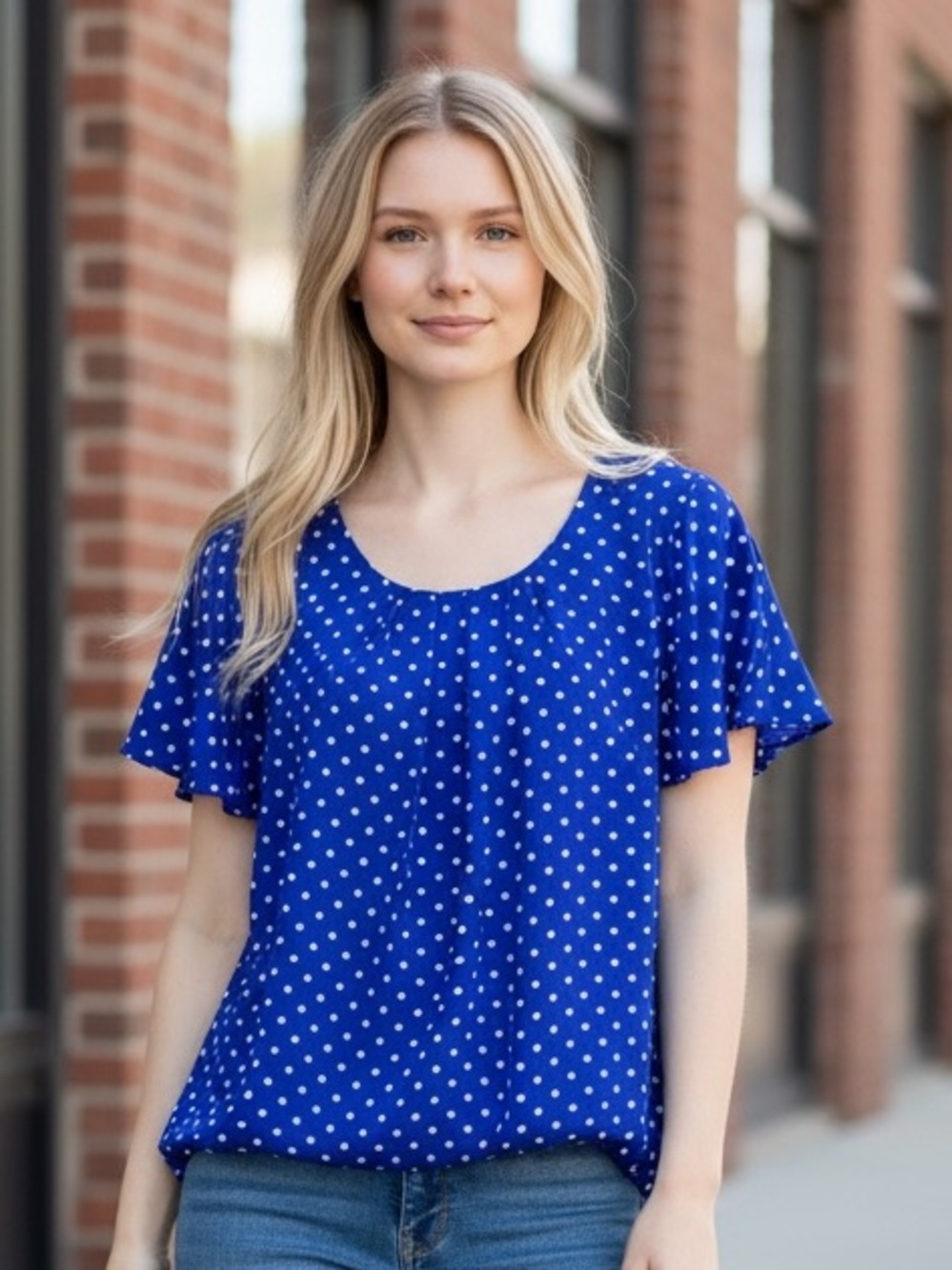 New Flower & Feather Blouse XXL Women’s Blue Polka Dot Short Sleeve Preppy